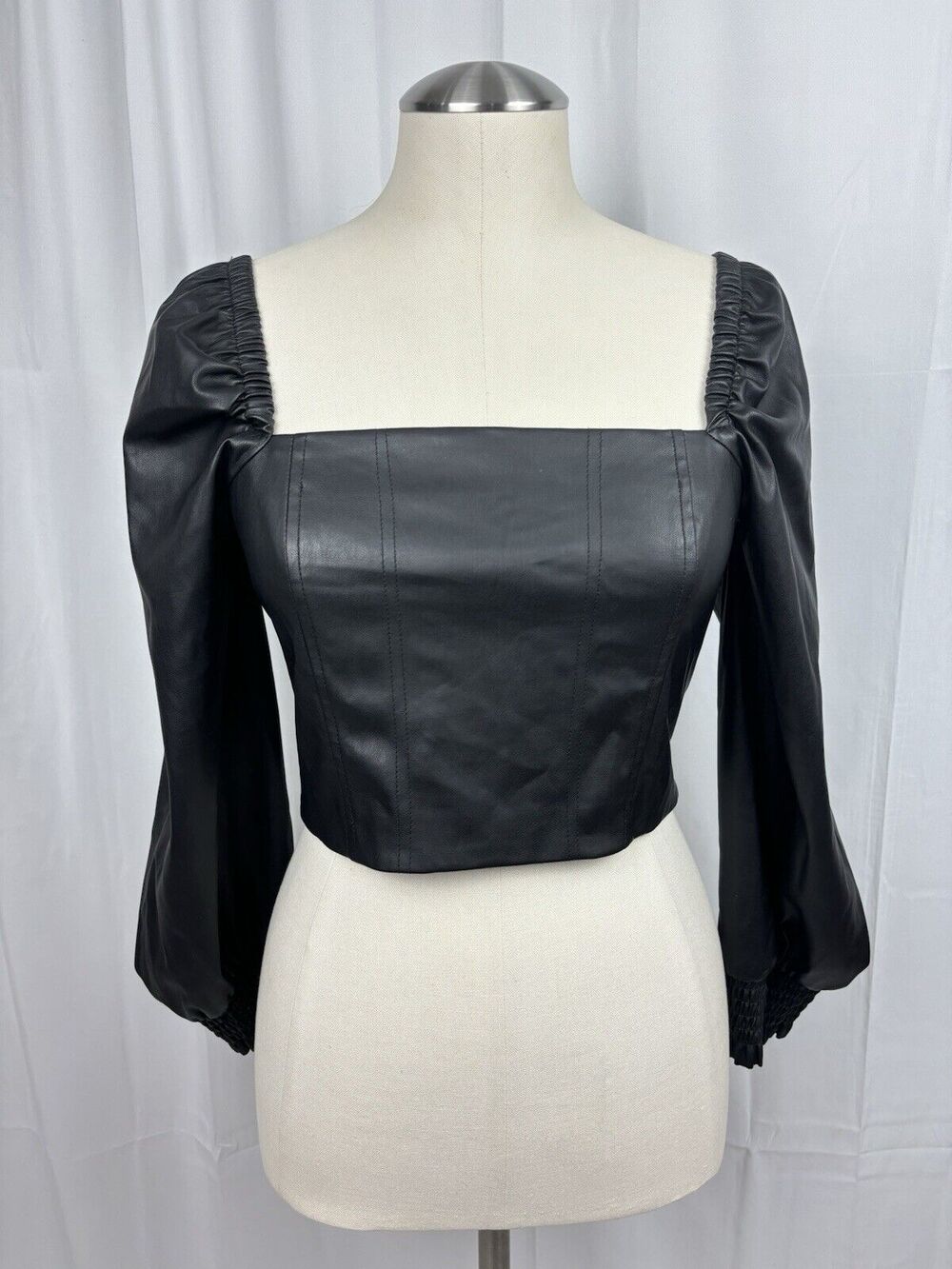 Avec Les Filles Faux Leather Crop Top Long Puff Sleeve Square Neck Black S